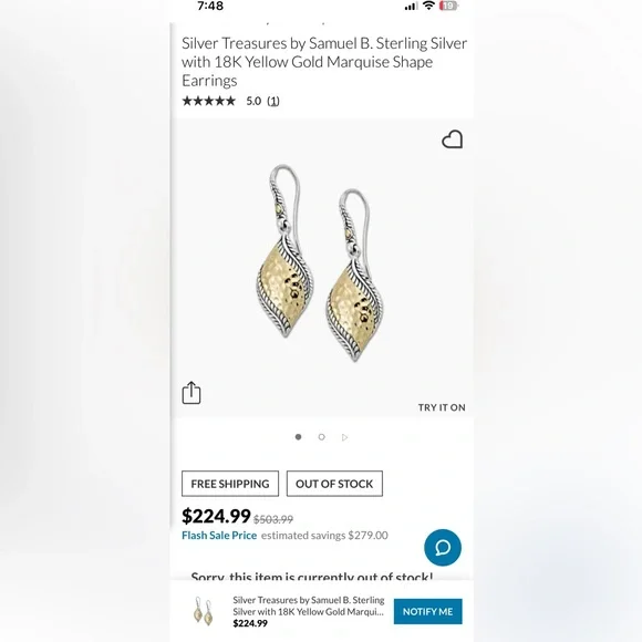 Samuel B sterling silver and 18k yellow gold marquis dangle earrings - Picture 3 of 3